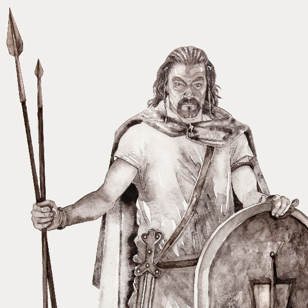 Illustration eines keltischen Kriegers mit Kleidung und Ausstattung, Keltenland Hessen
